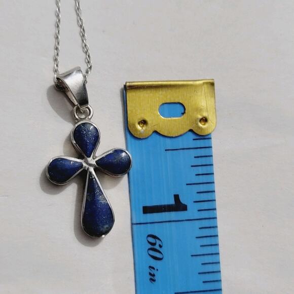Sterling Silver Lapis Lazuli Cross Pendant Necklace 20" - Picture 5 of 6